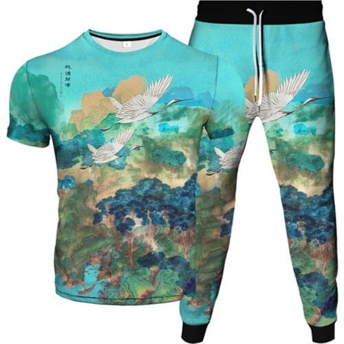 Male Female T-Shirt+Pant 2Pc Set Clothes Suit Animal Owl Duck Vintage Crane Chinese Painting 3D Print Men Women Casual Tracksuit