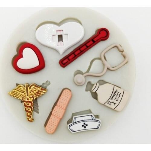 Minsunbak Medical Equipment Series Silicone Mold Nurse Hat Heart Stethoscope Fondant Cake Decoration Chocolate Gumpaste Mould