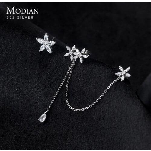 Modian Fashion 925 Sterling Silver Sweet Romantic Flower Tassel Long Chain Clips Earrings for Women Fine Jewelry No Pierced Ears