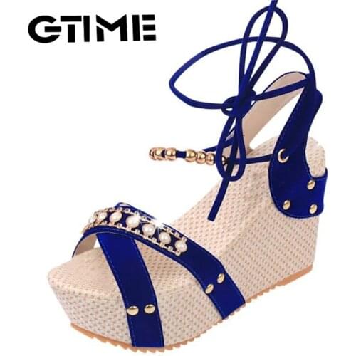 Fashion Summer Leather Gladiator Women Sandals High Heel String Bead Shoes Wedges Lace Up Black Sweet Open Toe #SJPAE-344