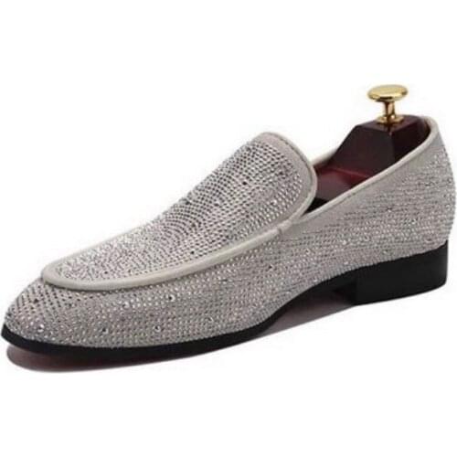 COOL TIRO Silver Rhinestones Mens slip on shoes Flats Moccasin Casual loafers shoes Designs bridegroom wedding dress fashion man