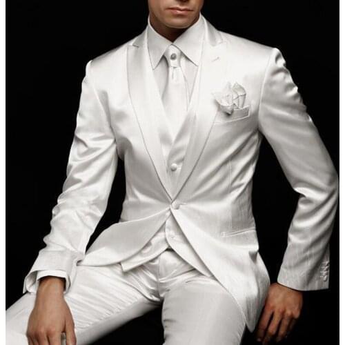 Men’s 3 Pieces White Satin Mens Suit One Button Jacket Slim Fit Tuxedos for Prom Party Wedding Groosmen(Blazer+vest+Pants)