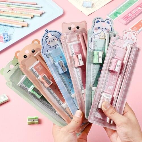 5pcs/set Pencil+Ruler+Eraser+Pencil Sharpener Cute Bear Pecil Kawaii Stationery Set School Supplies for Kids Gift