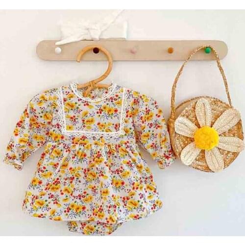Autumn Baby Girl Long Sleeve Bodysuit Yellow Floral Baby Triangle Jumpsuit With Headband Newborn Baby Girl Clothes