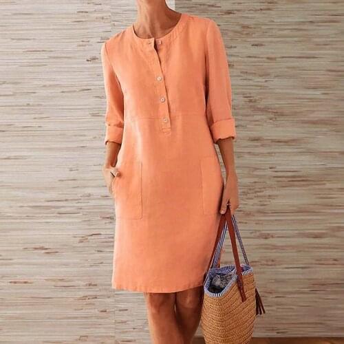 Spring Autumn Cotton Linen Dress Women Fashion Buttons Design O-Neck Knee Length Party Dress Women Long Sleeve Pocket Dresses