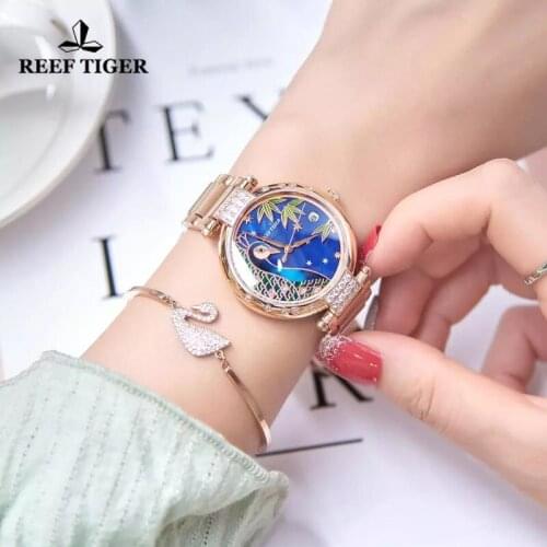 Reef Tiger/RT 2021 Top Brand Luxury Women Watch Rose Gold Bracelet Automatic Mechanical Shell Watches Date Waterproof Clock