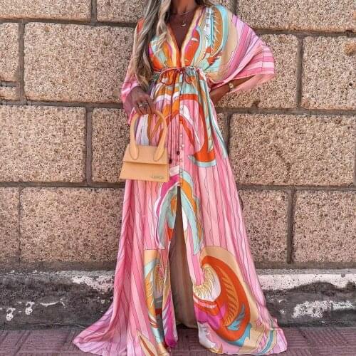 Pink Striped Long Maxi Dresses for Women 2021 Summer Sexy V Neck Long Sleeve Lace-up Dress Vintage Party Club Beach Wear Vestido