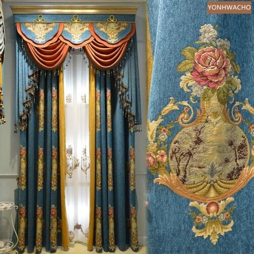 Custom curtain Villa American Luxury Chenille Jacquard Bedroom Thick blue cloth blackout curtain valance tulle drape C838