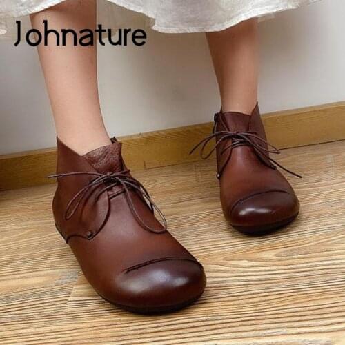 Johnature 2020 New Women Shoes Platform Boots Winter Genuine Leather Round Toe Flat With Sewing Handmade Ankle Ladies Boots
