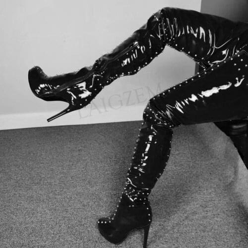 BERZIMER Women Crotch Platform Boots Studded Shoes Woman Shiny Patent Faux Leather Over Knee Ladies Zapatos Large Size 34 44 52