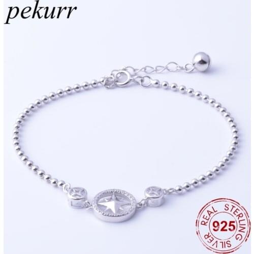 Pekurr 925 Sterling Silver Star Round Circle Hoop Womens Bracelets Silver Bead Chain Bangles For Women Fashion Jewelry Gifts