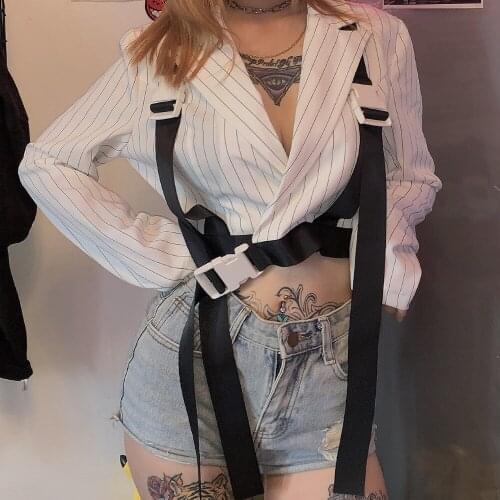 Women Striped Sexy V Neck Long Sleeve New school bag buckle stitching check lapel small suit korean 2020 Spring Fashion