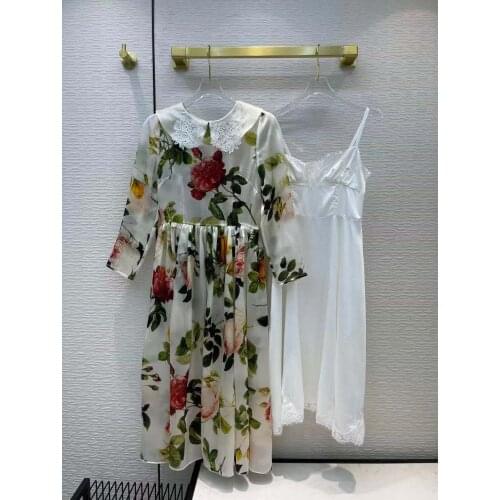 Fashion Runway Autumn Long Sleeve Midi Dress Womens Floral Print Elegant Lining Party Holiday Silk Empire Dress