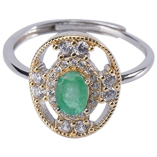 S925 sterling silver gold plated natural emerald ring personality fashion hollowed-out womens open ring