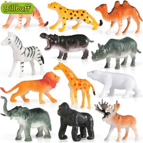 12pcs Mini Simulation Wild Jungle Zoo Toys Animals Lion Tiger Aciton Figures Collection Model Educational toys for children Gift