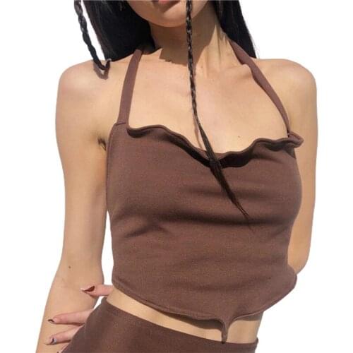 2021 Trendy Backless Lace Up Camisole Tops Women Sleeveless V Neck Halter Tank Top Girls Summer Casual Bandage Crop Top