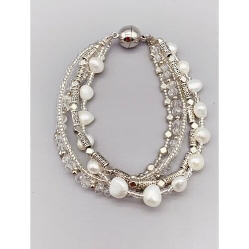 5 Strands of 7-8mm White Freshwater Pearls Bracelet Clear Crystals And Antique Silver Beads Magnetic For Women Girls 7.5 Inch