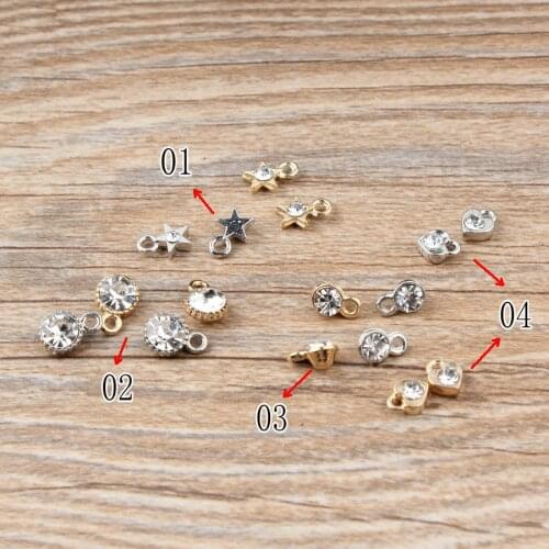 50PCS/Lot Silver Gold Color Charms Star Round Heart Shape With Rhinestone Charm Pendants For Jewelry Handmade