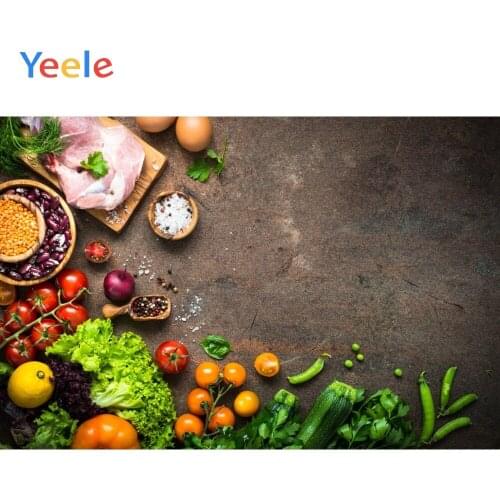 Yeele Wooden Board Vegetable Lemon Meat Egg Tomato Fruit Kitchen Photography Backgrounds Photographic Backdrops for Photo Studio
