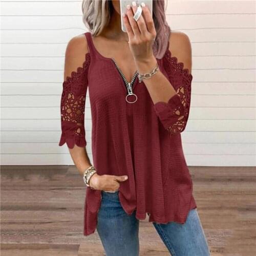 Hollow Out T-shirts Summer T Shirt Women Zipper V-Neck Lace Sleeves Knitted T-shirt Solid Color Sexy Lady Tops New Tees