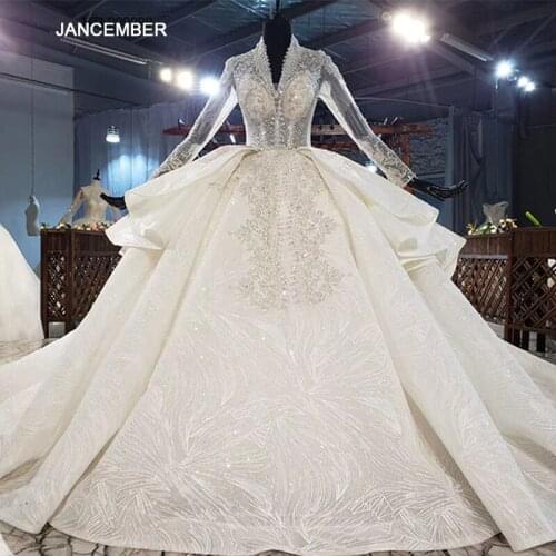 HTL1949 Luxurious And Elegant Charming Deep V-Neck With Crystal Beading Wedding Dress 2020 Ball Gowns Long Sleeve