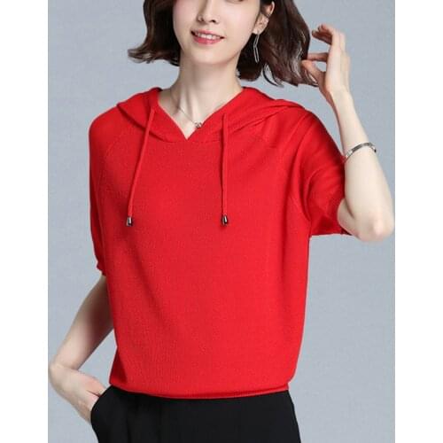 LJSXLS Summer Knitted Hooded Jumper Womens Sweater Casual Loose Red Top Female Solid Fashion Short Sleeve Women Clothes 2021