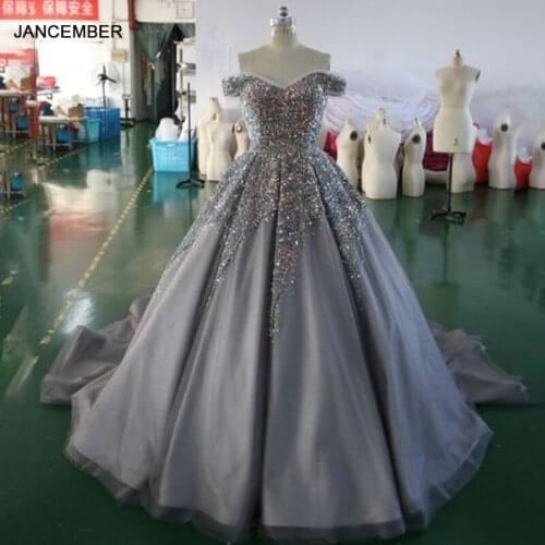 LSDZ01 V-Neck Sequined Gray Custom Evening Sequin Dress 2020 Short Sleeve Crystal Off The Shoulder Lace Up Back Ball Gowns