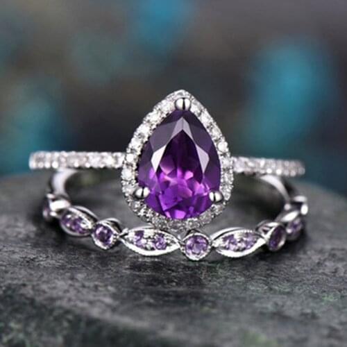 Milangirl 2 Piece Set / Ladies Luxury purple Crystal Ring Ladies Charm Zircon Engagement Ring Jewelry Women