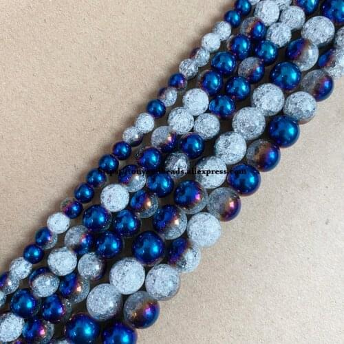 Natural Stone Half Blue Plated Snow Cracked Crystal Round Loose Beads 15" 6 8 10 MM Pick Size For Jewelry Making DIY