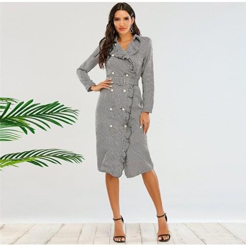 2020 Autumn New Women Temperament Slim Package Hip Long Sleeve Jacket One-Step Dress Elegant Ladies Houndstooth Plaid Midi Dress
