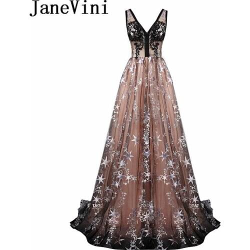 JaneVini 2018 Beatiful Long Bridesmaid Dresses A Line Sexy V-Neck Beads Black Lace Applique Sweep Train Vestidos De Festa Longos