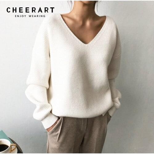 Cheerart Pullover Sweater Women V Neck Loose Sweater Korean Style Knitwear Jumpers Autumn Fall 2019 Clothing