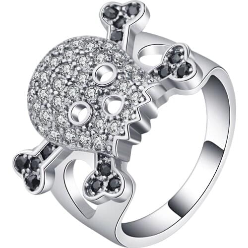 Silver Fashion Micro CZ pave Punk Skull Rings For Women Men White Black Zircon Stone Pirate Design Rings Unique Rings For Party