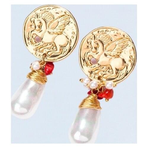 Minar Handmade Horse Print Coin Pendant Earring Gold Color Alloy Irregular Pearl Beads Drop Dangle Earrings for Women Jewelry