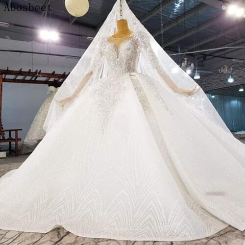 Wedding Ball Gown Dress With Sleeves Lace Wedding Dress Long Sleeve with Cathedral Train Sequins Beads Top Lace Up Back