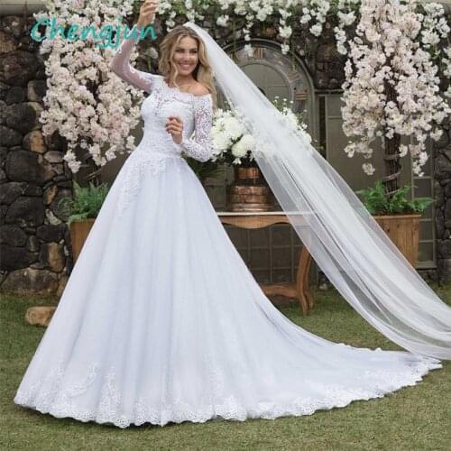 Chengjun Boat Neck Long Sleeve A Line Vintage Wedding Dress