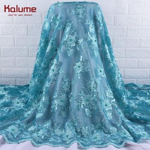 Kalume High Quality African Dry Lace Fabric Cyan French Net Lace Fabric With Sequins Nigerian Lace Fabric For Party Sewing 1903