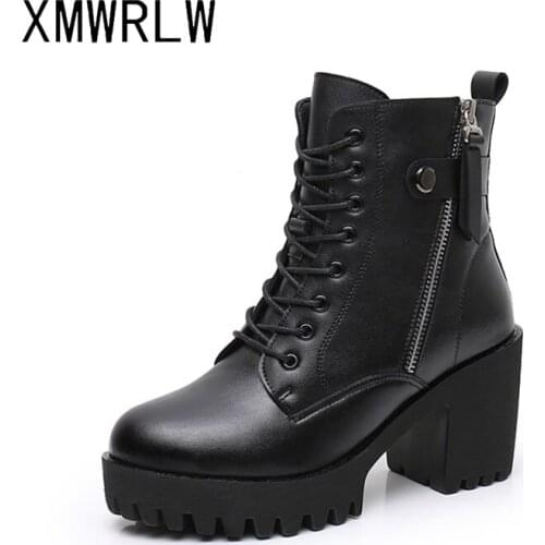 XMWRLW Womens Platform Boots Split Leather Winter Shoes Square Heel Ladies Plush Winter Boots Women Non-Slip Shoes Plus Size 41