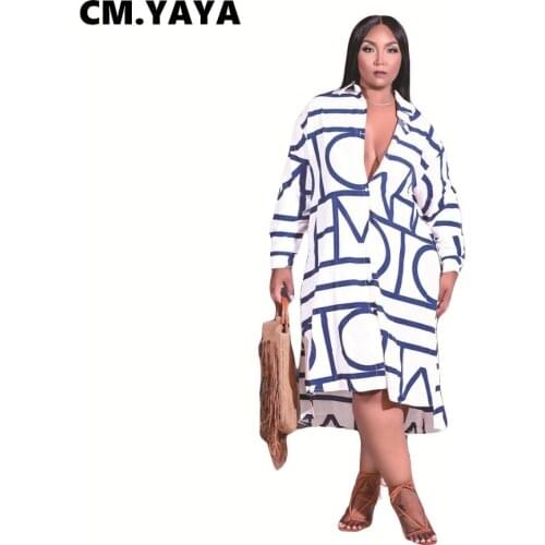 CM.YAYA Women Plus Size Dress Print Full Sleeve Turn-down Collar Loose Straight Midi Dresses Casual Fashion Vestidos Summer 2021