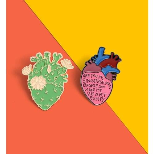 Human Heart With Flowers Letters Enamel Lapel Pin Anatomical Heart Brooches Floral Anatomy Badges Art Organs Medical Jewelry