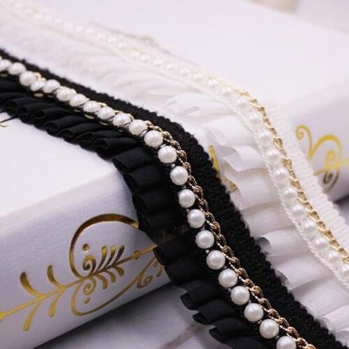 10 Yards Pearl Beaded Lace Trim For Costume Wedding Dress Ruffled Chiffon Chain Beading Ribbon for Belt Brial Sash