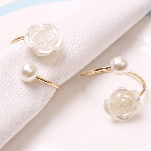 12PCS/Pearl rose flower napkin ring table top decoration for hotel reception wedding banquet holiday party