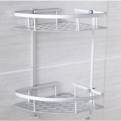 TM Aluminum Bathroom 2-Tier Corner Shelf Basket ,Towel Shampoo Storage Hook Aluminum Wall Mount
