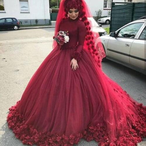 3D Flower Burgundy Muslim Wedding Dresses 2020 Arabic Plus Size Islamic Hijab Ball Gown Long Sleeves Tulle Kaftan Turkey Bridal