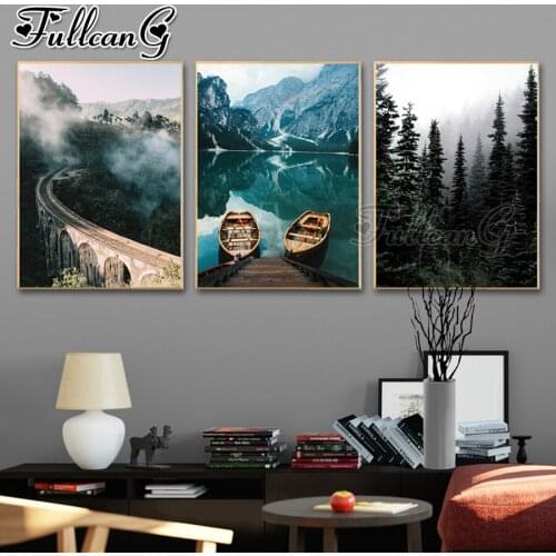 FULLCANG 5d diy diamond embroidery natural mountain lake scenery diamond painting triptych full square round drill decor FC3001