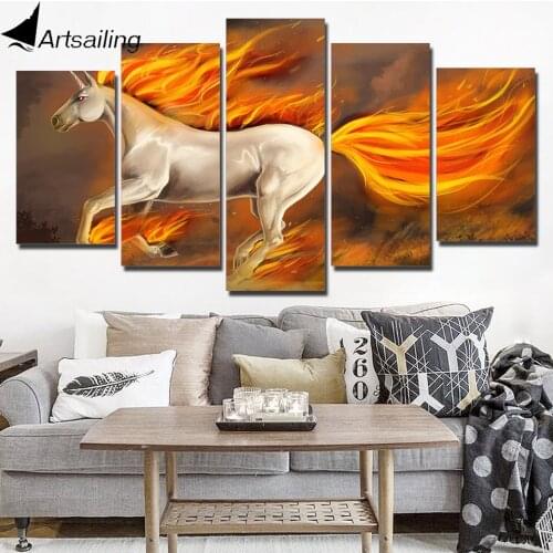 ArtSailing 5 panel canvas wall art Running Fire Horse Painting wall pictures living room posters 2018 new drop shipping NY-7527C