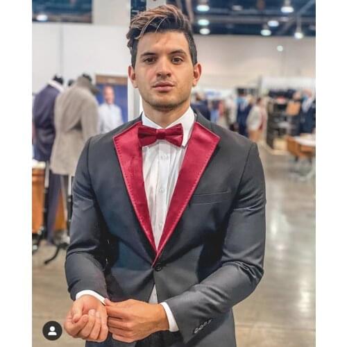 Black Men Suits Red Peak Lapel Two Buttons Wedding Groom Tuxedo Terno Masculino Slim Fit Prom Blazer 2 Pieces Costume Homme