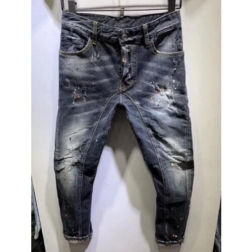 D2 Brand Tattered Paint Stitching Mens Slim Stretch Jeans Light Blue Embroidered Motorcycle Pants jeans
