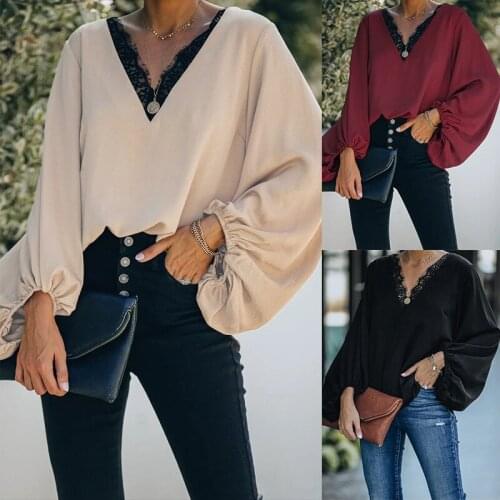 T-shirts Tops Woman Casual Loose Lantern Sleeve V-neck Lace Tops Harajuku T-shirt Christmas Clothes Poleras Mujer Топ Футболки