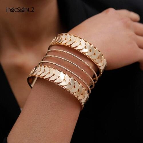 IngeSight.Z Punk Exaggerated Geometric Big Cuff Bangles Charm Hip Hop Roker Gold Color Metal Bracelets Bangles for Women Jewelry